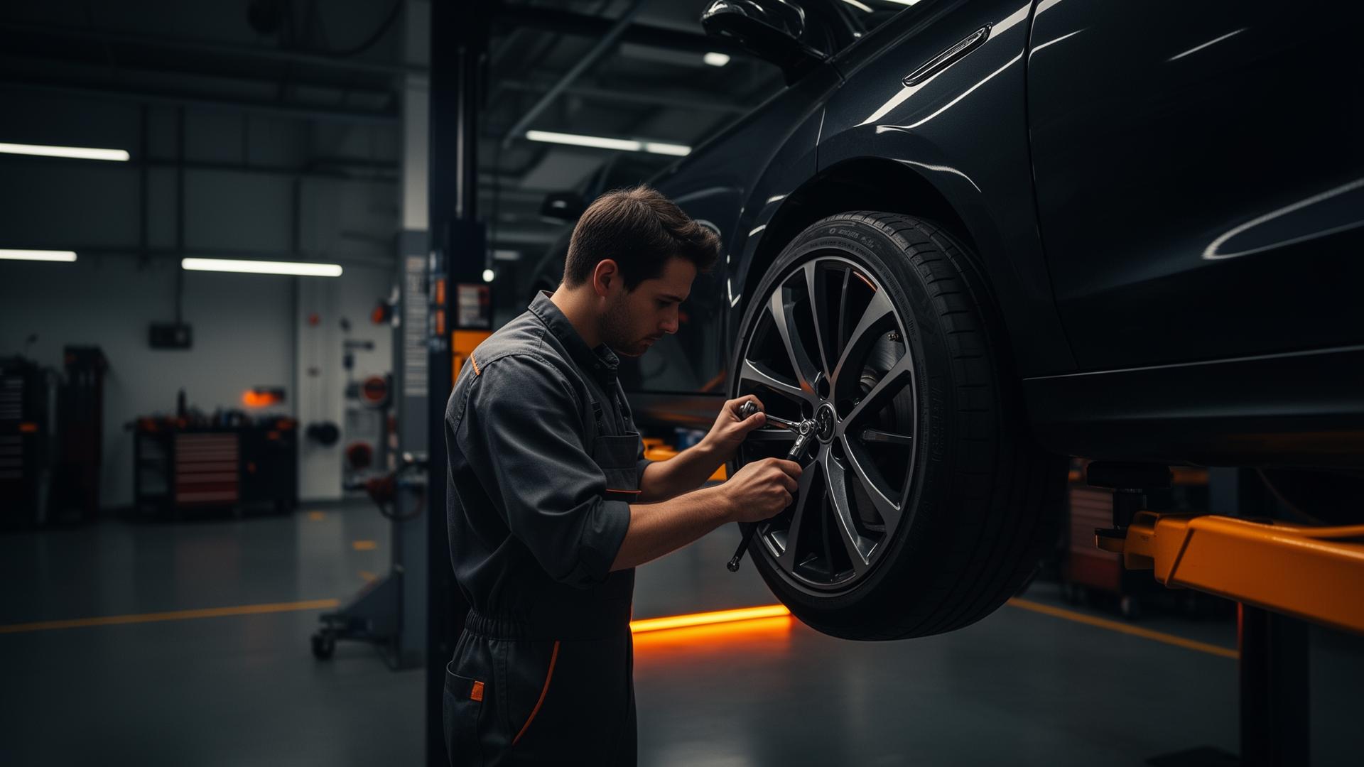Mechanic working on a car tyre